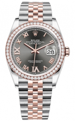 Buy this new Rolex Datejust 36mm Stainless Steel and Rose Gold 126281RBR Dark Rhodium VI IX Roman Jubilee ladies watch for the discount price of £21,500.00. UK Retailer.